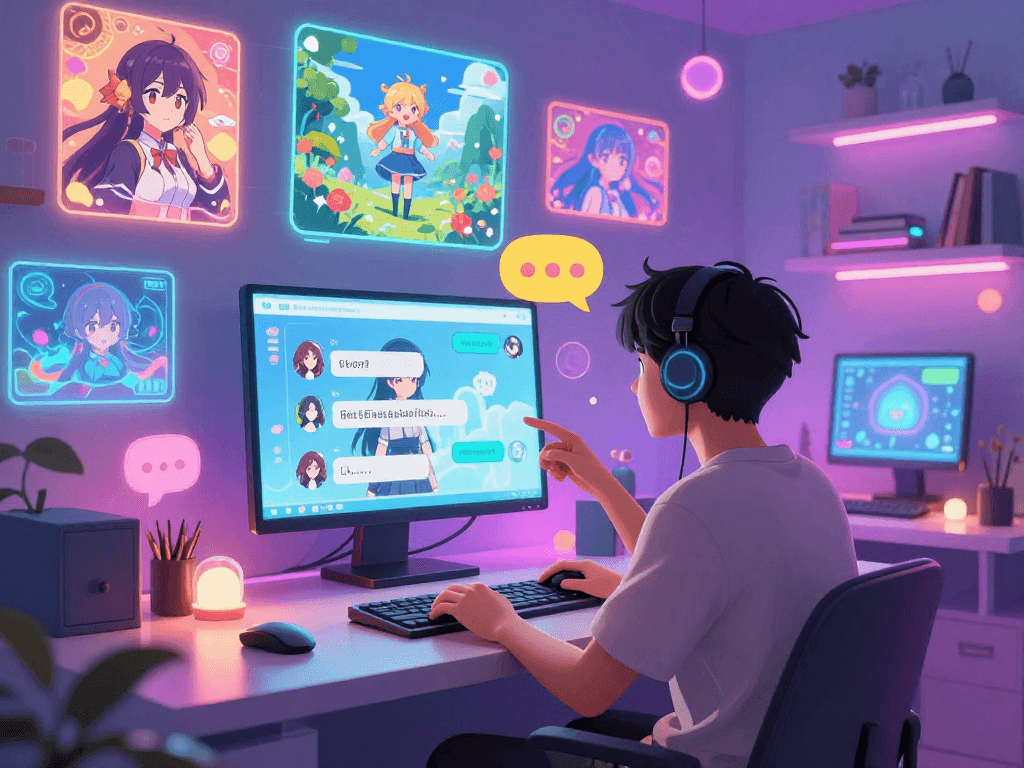 Engaging scene of hentai AI chat conversation with vibrant anime characters and futuristic holographic interface.