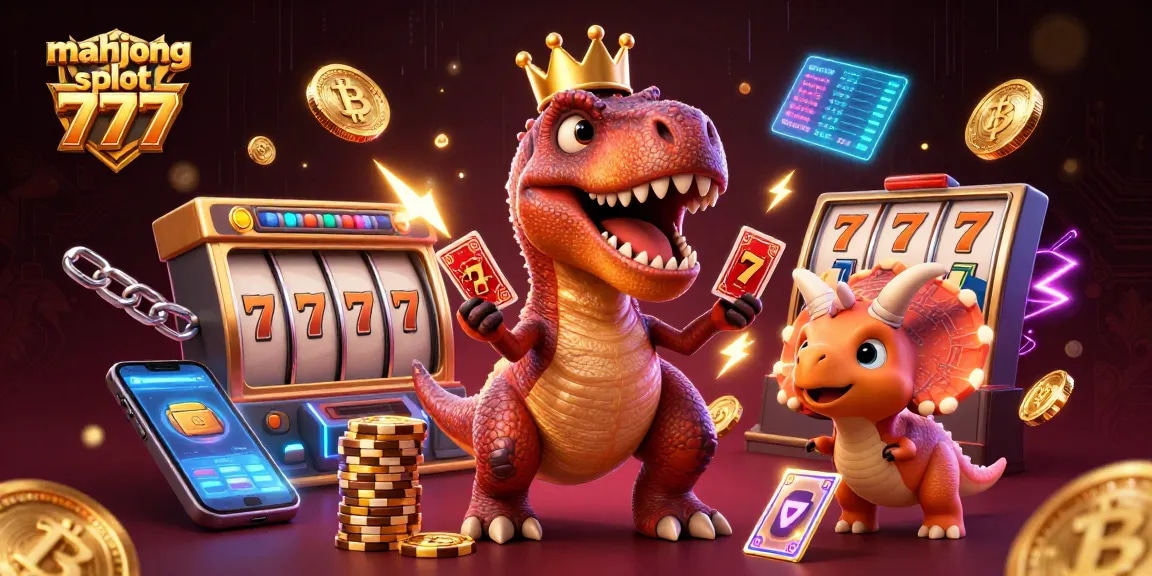 Experience thrilling gameplay in mahjong slot 777, where T-Rex deals cards and chips stack high in a vibrant casino scene.