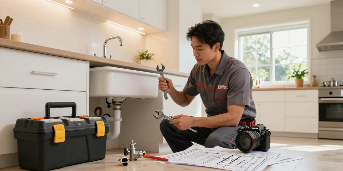 Professional plumber near me adjusting kitchen plumbing under sink in bright, inviting home.