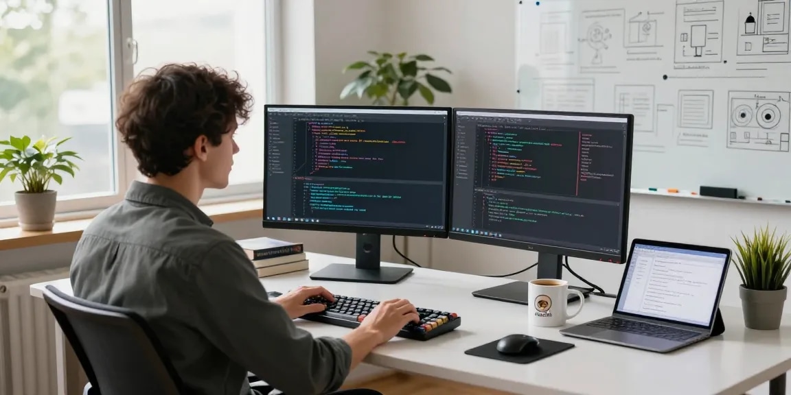 Kobold AI workspace featuring a software engineer coding at a modern workstation, highlighting AI model diagrams and productivity elements.