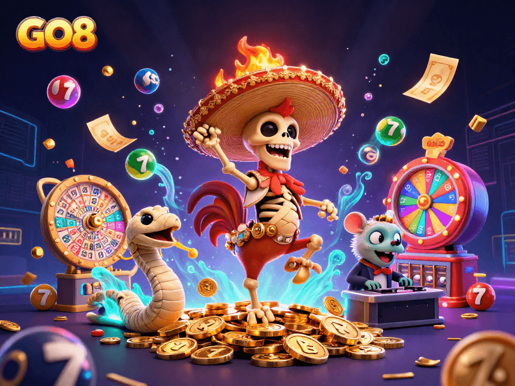 GO8 features a lively illustration with skeleton mariachi rooster celebrating golden wins while surrounded by coins and lottery elements.