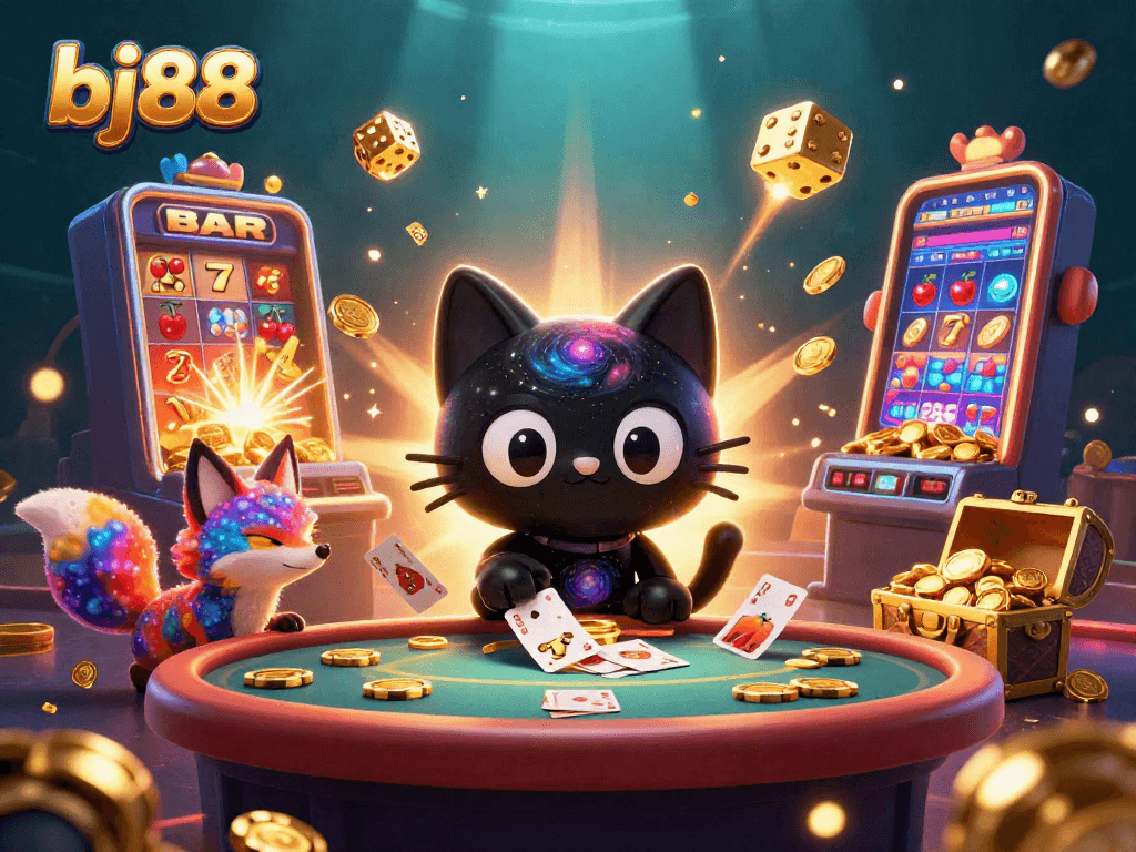 Experience bj88's cosmic casino excitement with a swirling black hole cat and vibrant game elements.