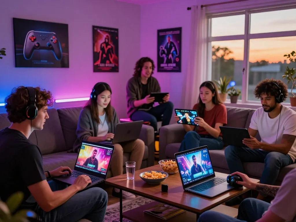 Engaging group playing porn games html on laptops and tablets in a cozy living room.