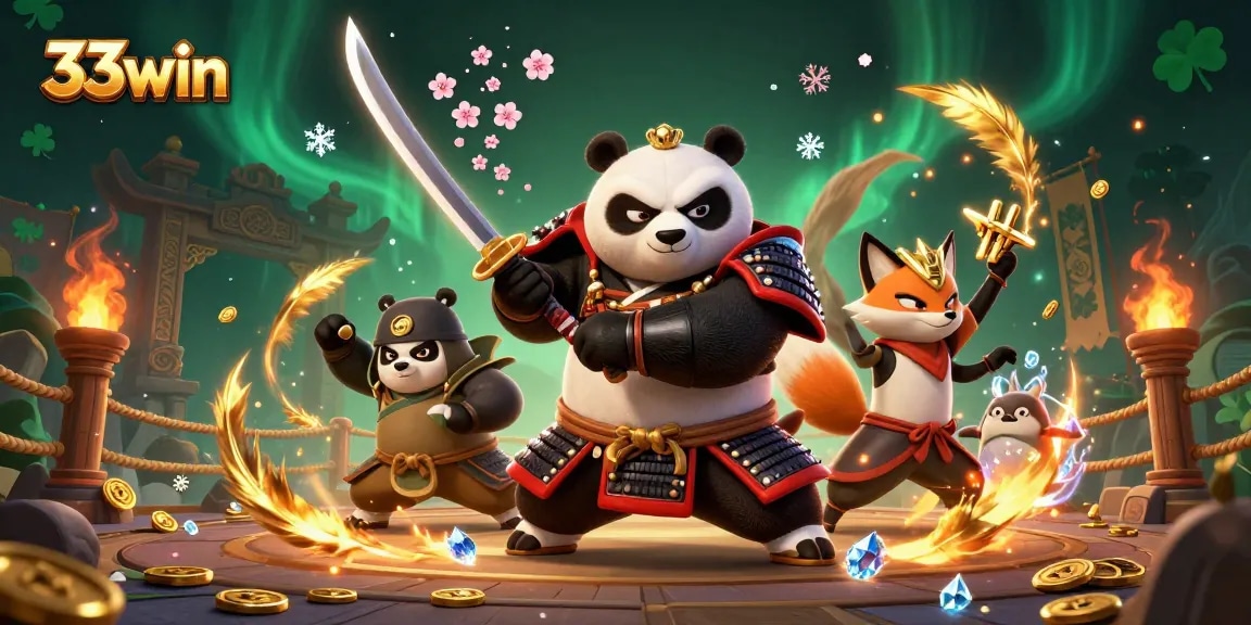 Engage with thrilling games and rewards at 33win, featuring vibrant samurai panda and ninja fox in a dynamic gambling scene.