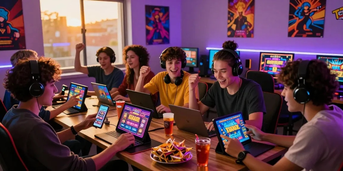 Friends enjoying a lively session of slot gacor games online, surrounded by snacks and vibrant decor.