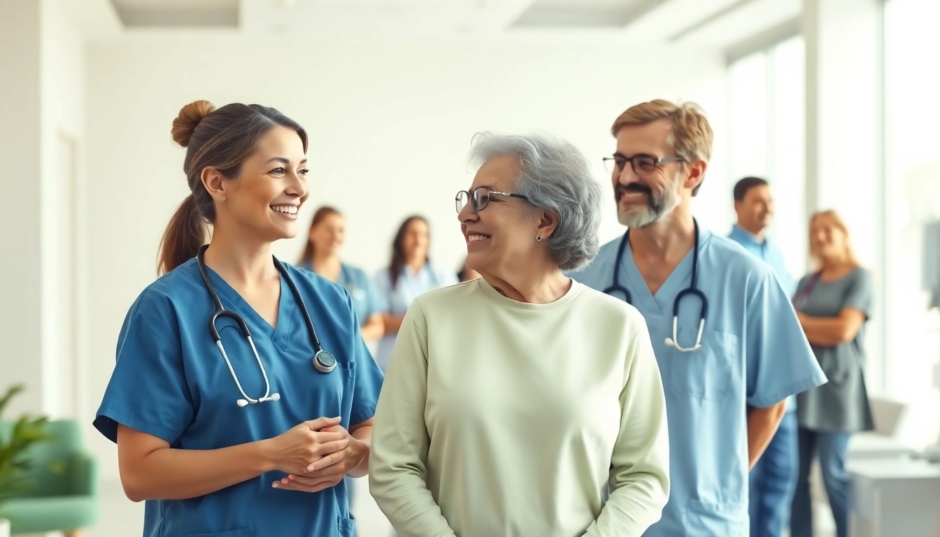 Engaging caregivers demonstrating health support in a modern clinic setting.