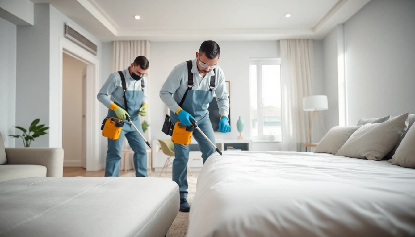 Showcasing bed bug treatment cost through an exterminator team at work in a modern living room environment.