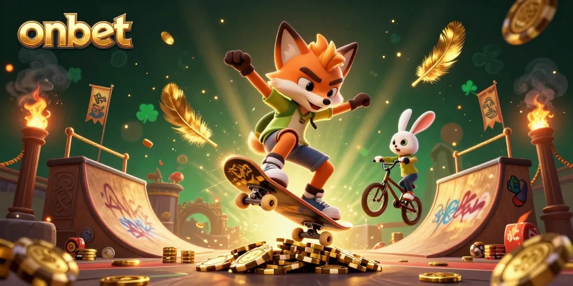 Experience the thrill of onbet with a dynamic skateboarding fox and BMX rabbit in a casino-themed scene.