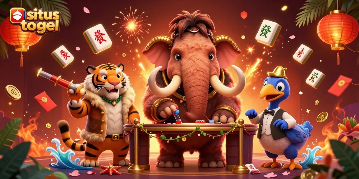 Engage in situs togel excitement with a 3D cartoon illustration of a mammoth bouncer and tiger VIP guest.