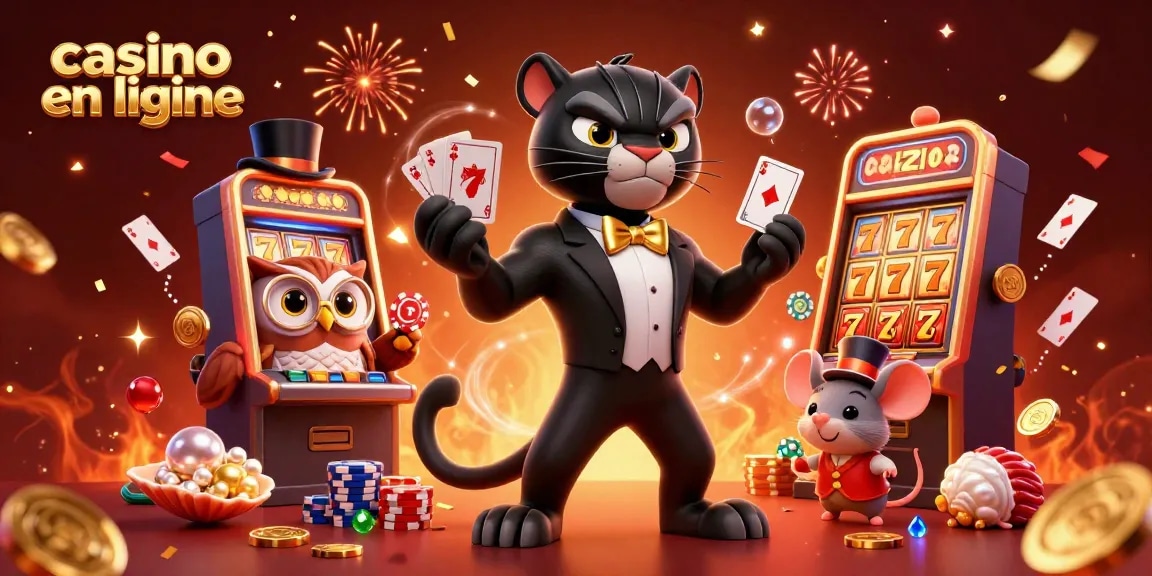 Casino en ligne : illustration dynamique avec un panthère, un hibou et une souris dans un univers ludique.