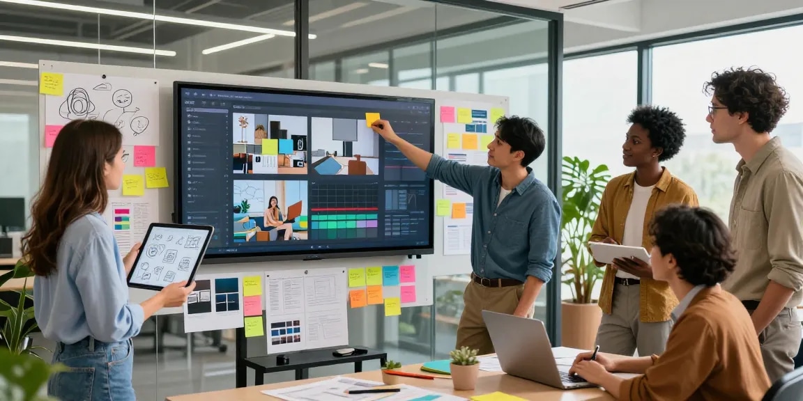 Team collaborating on a digital mixboard in a modern office environment, showcasing creativity.
