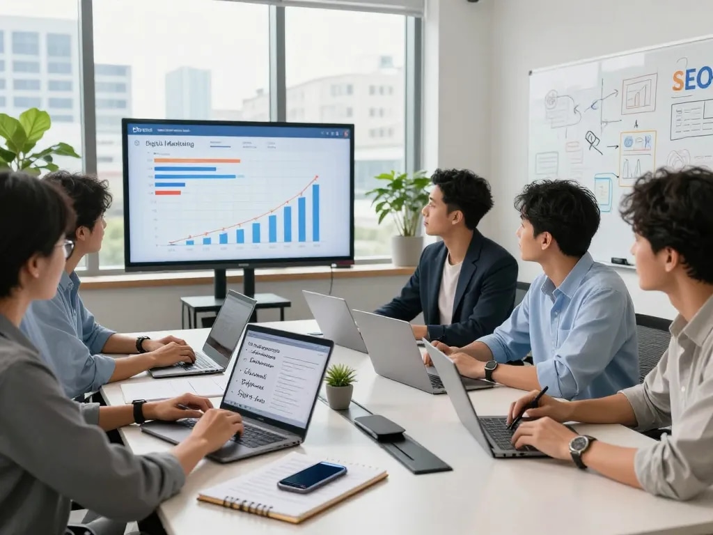 New York SEO Services strategy meeting with team discussing analytics and chart growth metrics.