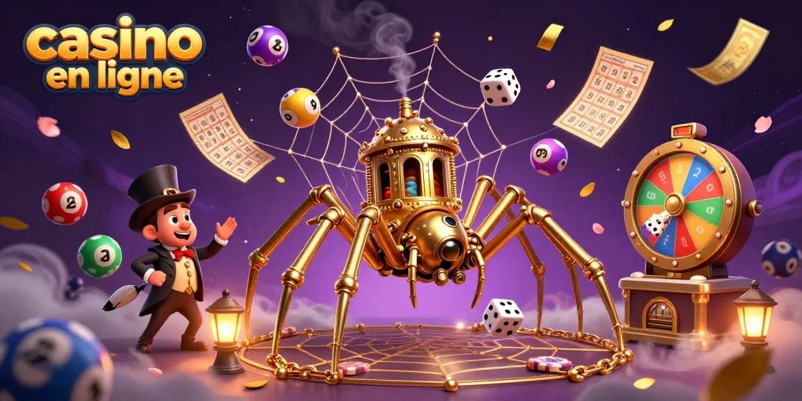 Jouer à des jeux de casino en ligne avec un spider steampunk et un homme-mouche, entourés de ballons colorés.