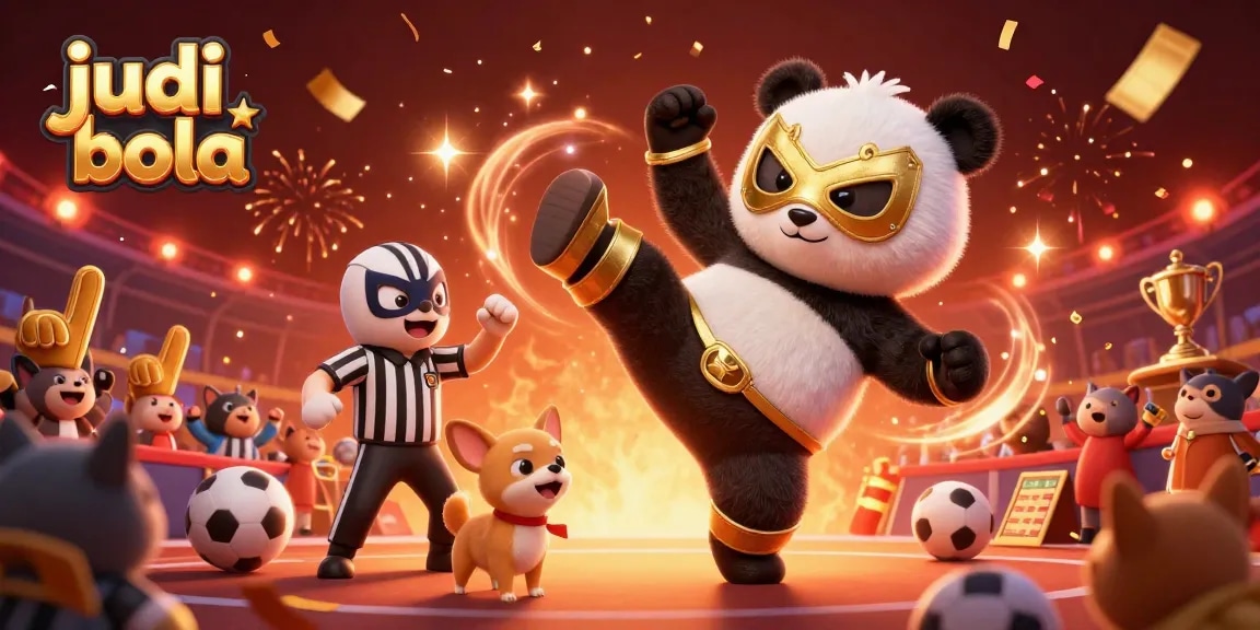 Engage with judi bola action in this vibrant illustration of a wrestling panda against a lively betting backdrop.