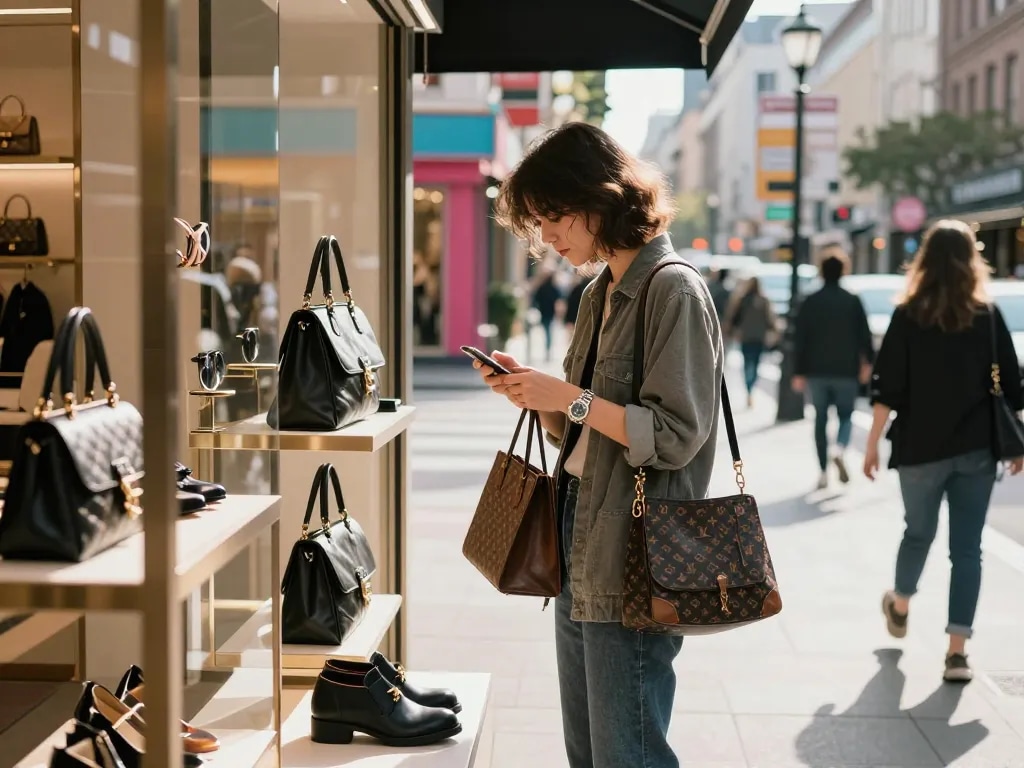Exploring high-quality 레플리카 사이트 fashion items in a vibrant urban boutique atmosphere.