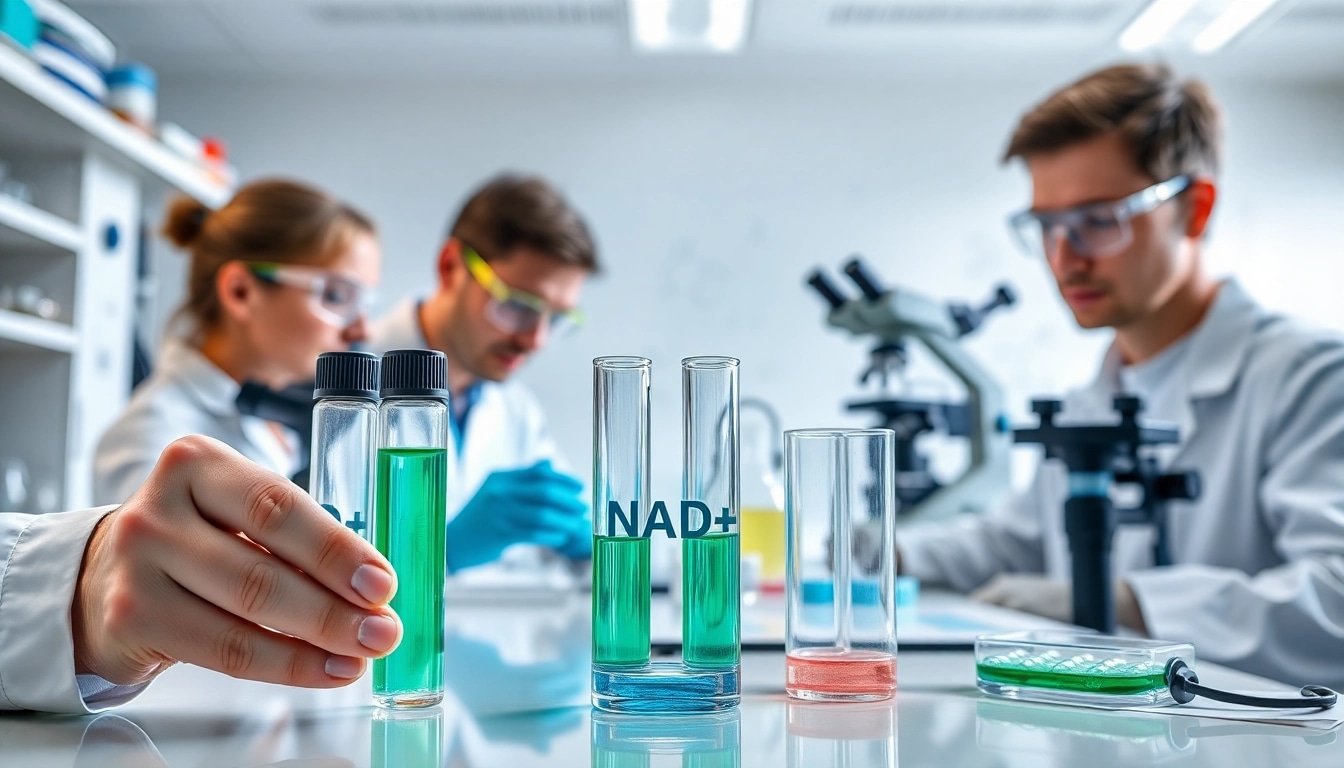 NAD+ research in a laboratory with scientists analyzing samples and equipment.