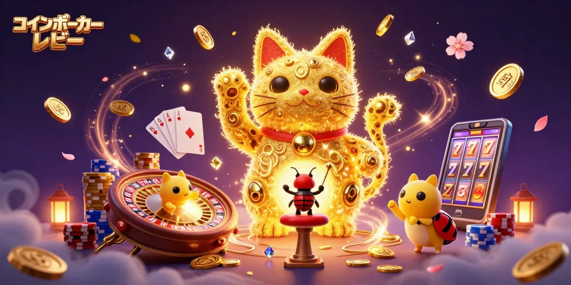 コインポーカー レビューで、賑やかなカジノシーンの黄金の猫が賑やかに振る舞っています。