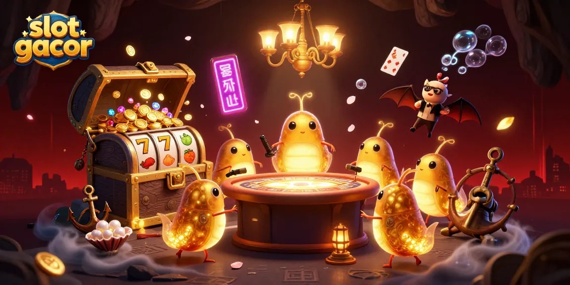 Experience the thrill of slot gacor in this vibrant 3D illustration featuring a radiant glowworm casino scene.
