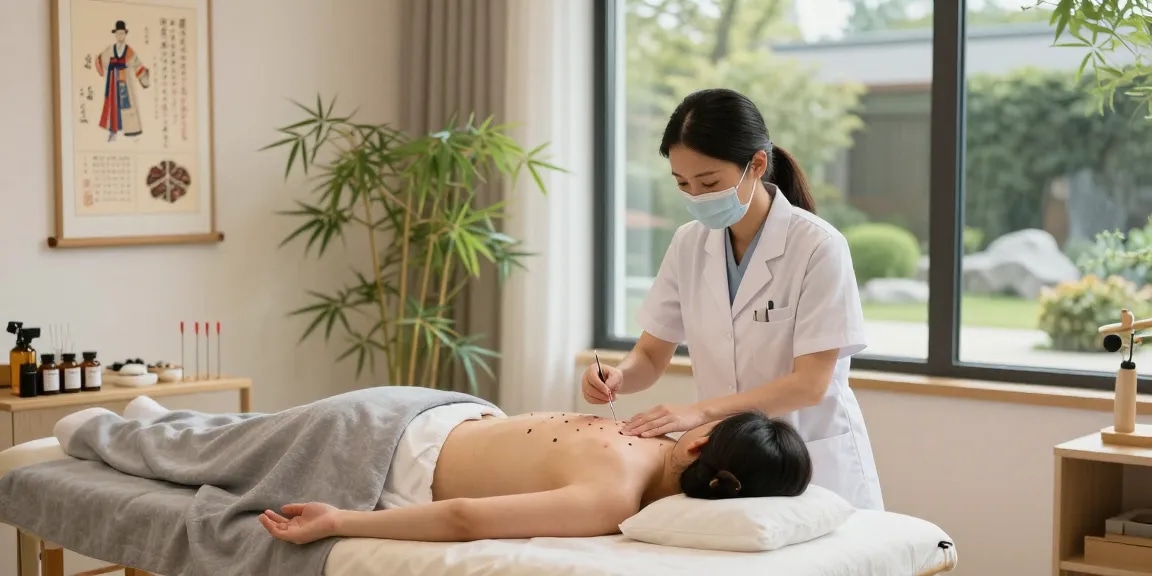 Patient receiving treatment at 수원교통사고한의원, showcasing healing atmosphere and expert care.