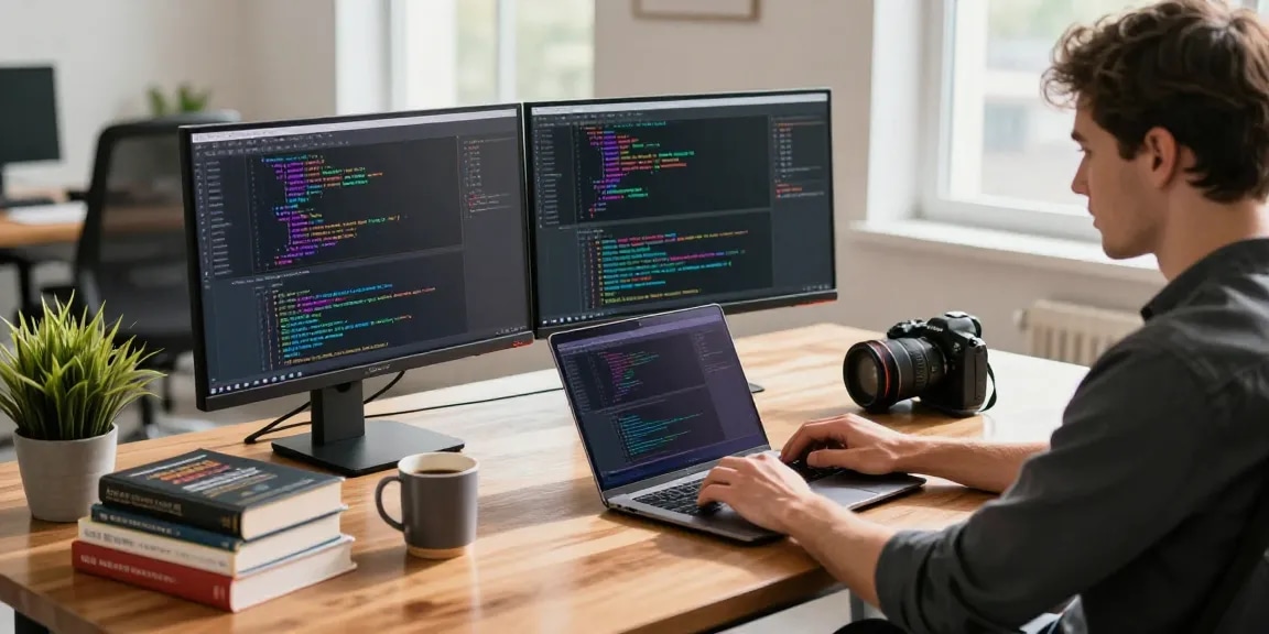 Developer coding in a bright workspace focused on telegram中文版 programming projects, showcasing dual monitors and a modern tech setup.