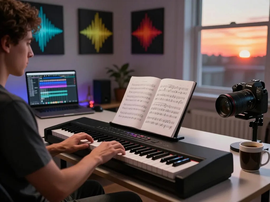 Creative scene of a musician playing the go 88 piano in a vibrant workspace, surrounded by music sheets and tech.