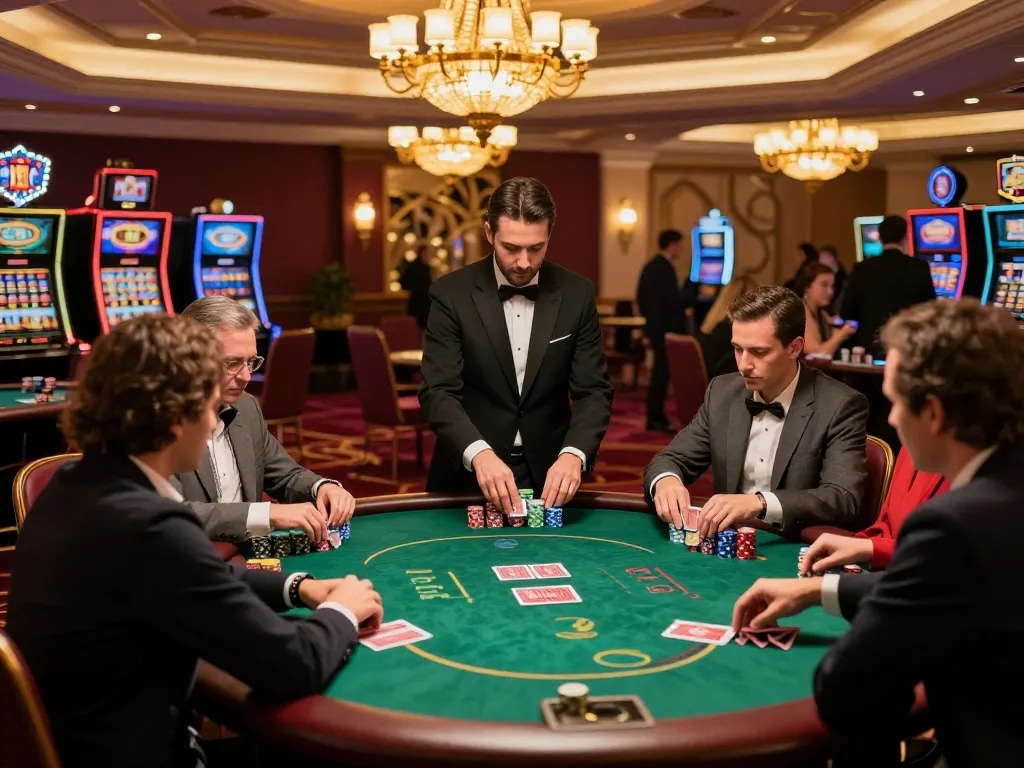 Players engaged in thrilling poker action on MAX88 TV's glamorous casino floor.