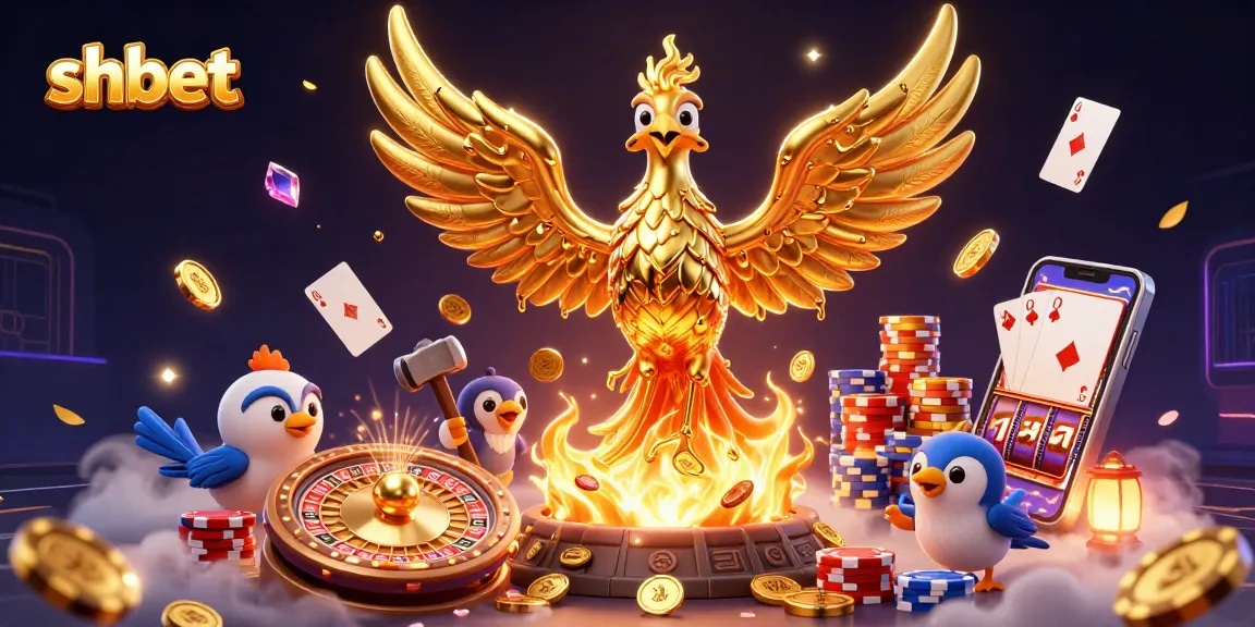 Experience shbet's thrilling online casino with golden phoenix, coins, and vibrant gaming elements.