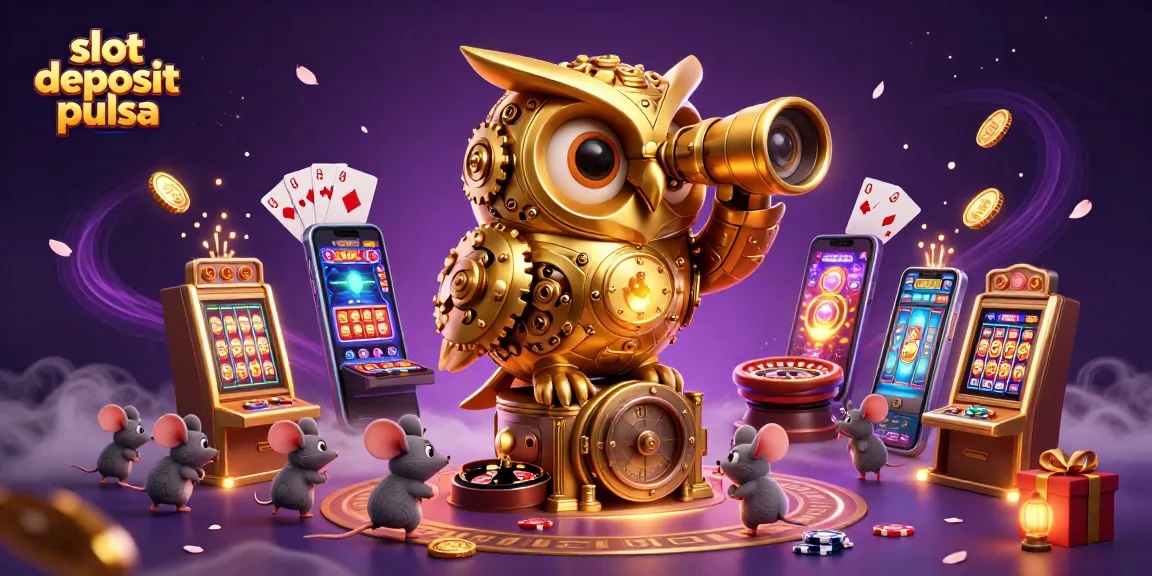 Permainan slot deposit pulsa menarik dengan simbol jackpot dan koin emas di kasino virtual.