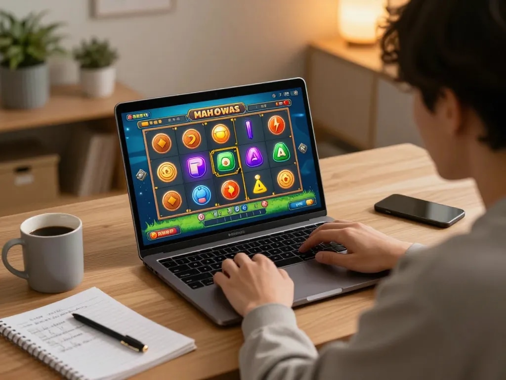 Player enjoying Mahjong Ways slot game on laptop at home, showcasing the excitement and strategy of online gambling