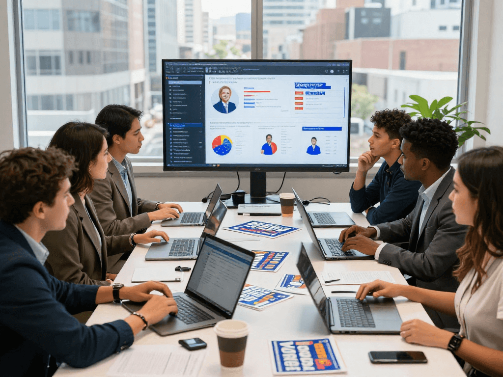 Donor email outreach strategy session for political campaigns with diverse team discussing data insights in a modern office.