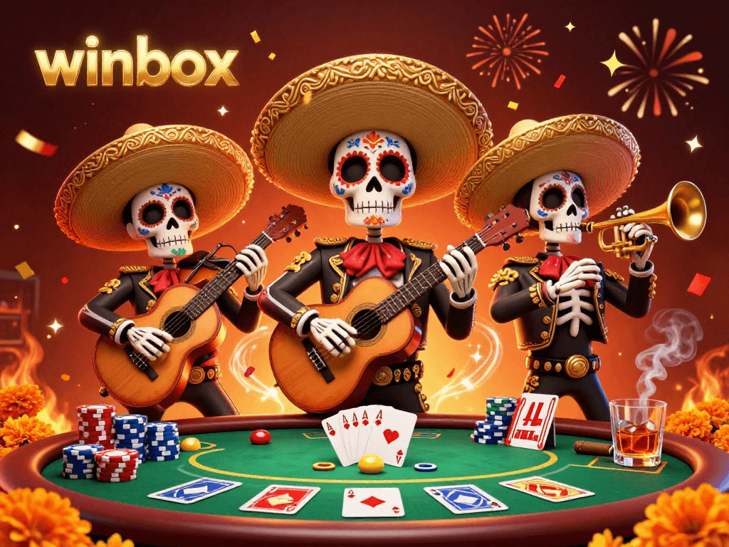 Exciting winbox gaming scene featuring colorful Dia de los Muertos musicians around a dynamic poker table.