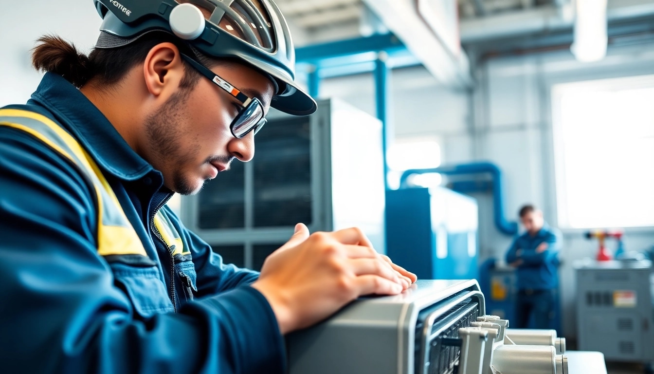 Engaged in HVAC technician training, a trainee works on a heating unit in a bright workshop.