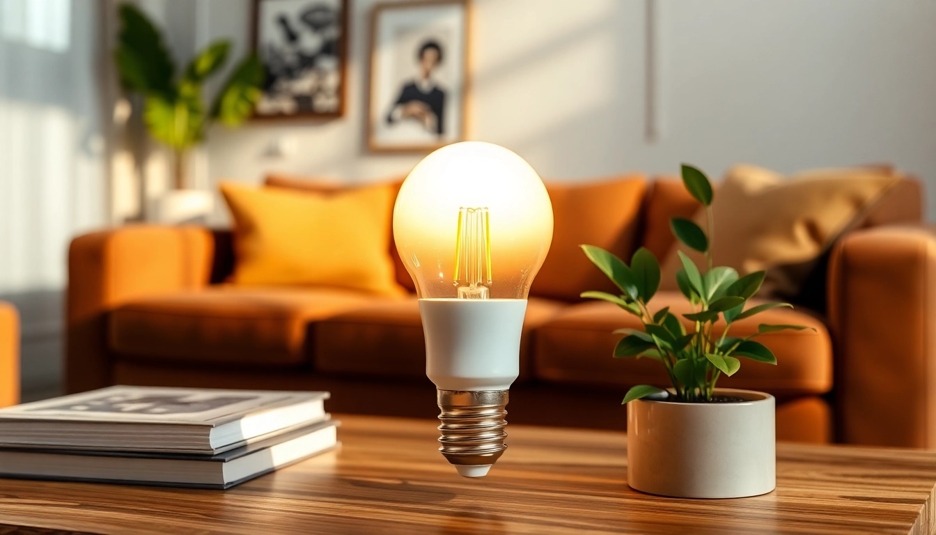 Brightly lit a19 led bulb illuminating a stylish living room, enhancing the cozy atmosphere.