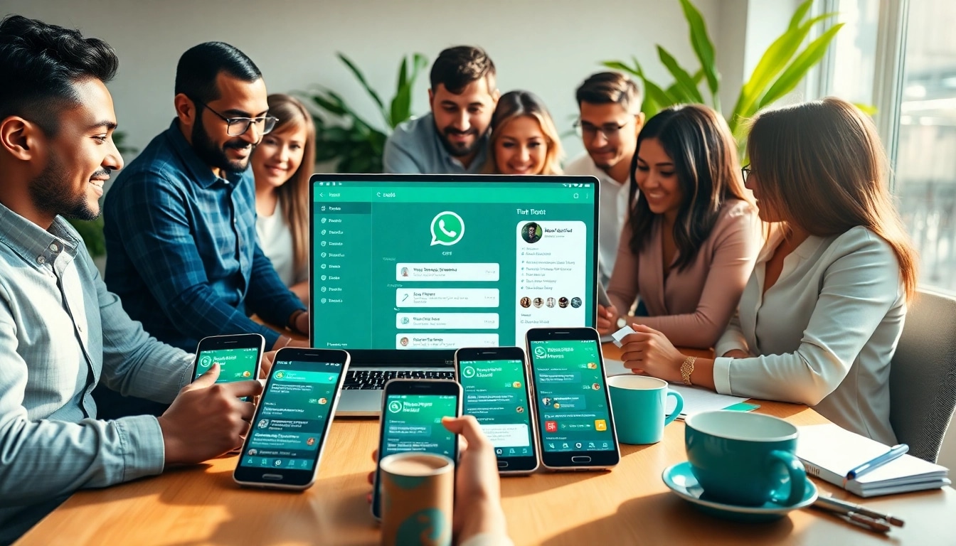 Engaging team collaborating using WhatsApp Business CRM in a modern office setting.