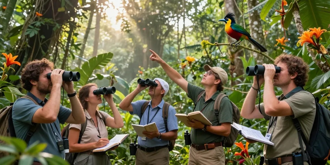 Birdwatchers discovering unique bird species in a tropical rainforest, highlighting "rokok88" essence.