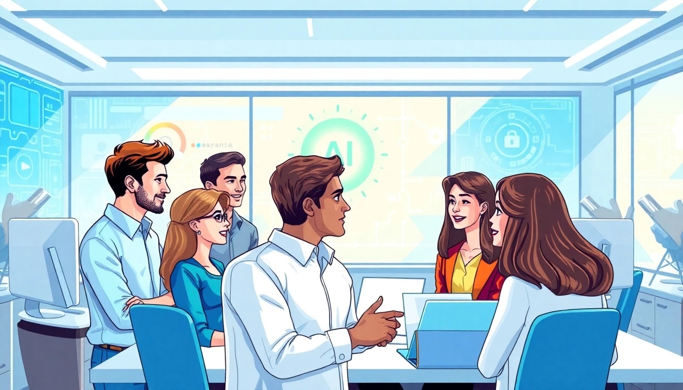 Explore what is Pretzel’s philosophy on AI and human oversight illustrating a collaborative office scene with diverse teamwork.