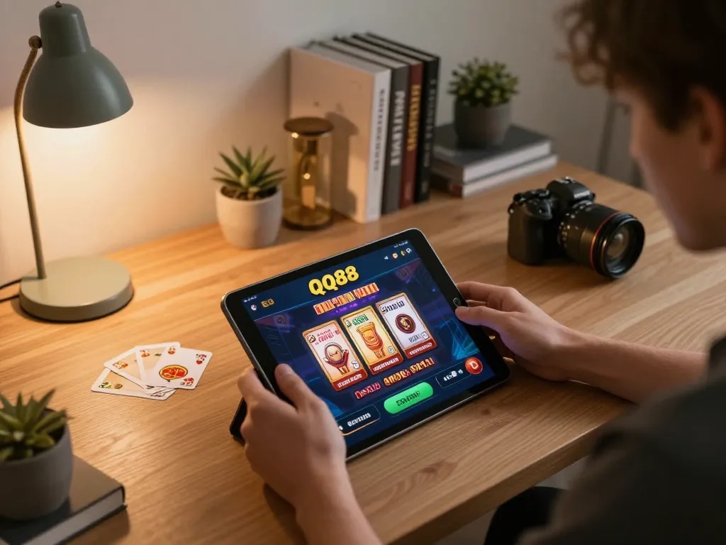 Engaging with QQ88 gaming app on a tablet in a cozy, stylish home setup