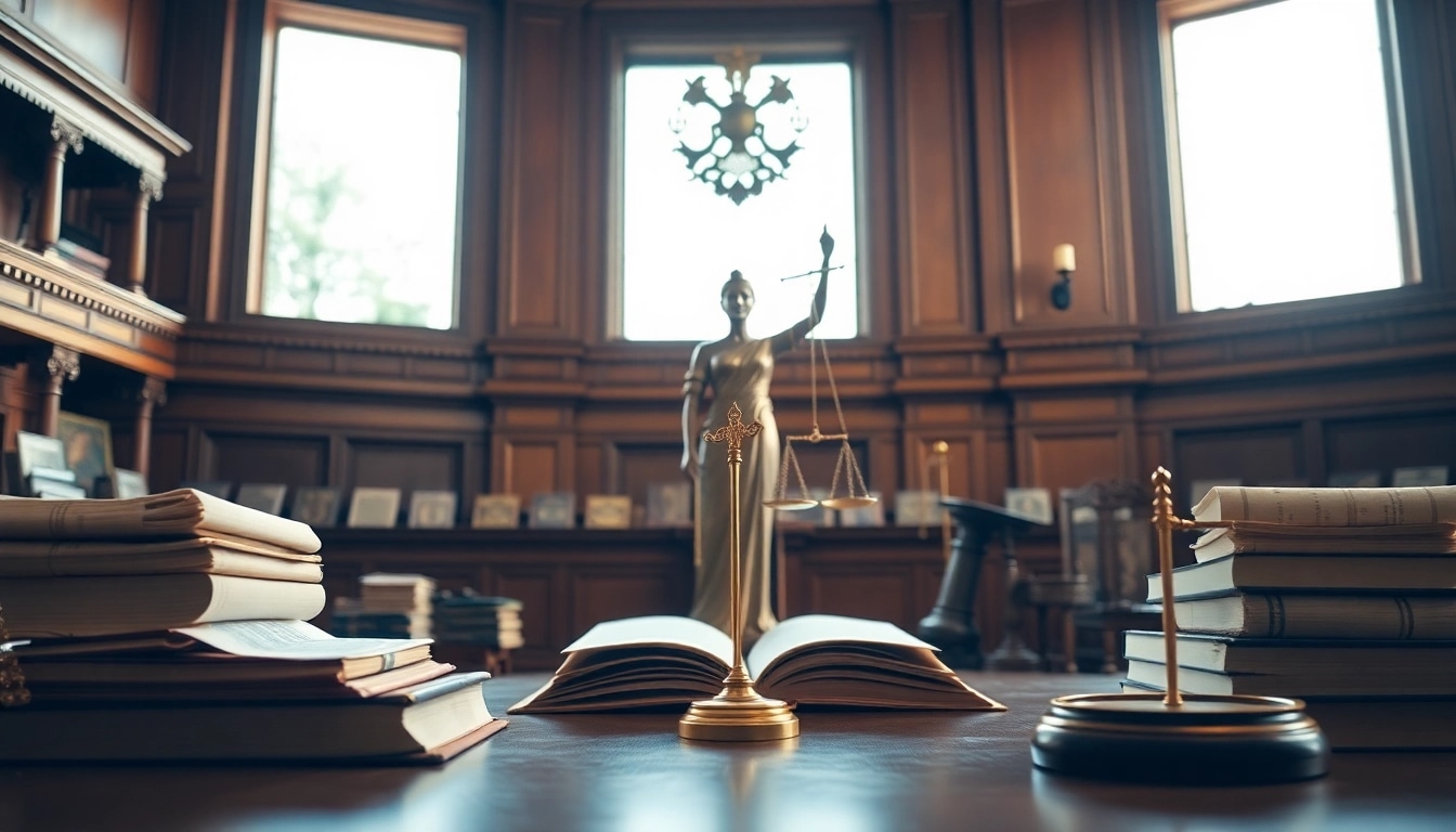 Gerichtssaal mit Fokus auf Korruption Strafrecht, Gerechtigkeitssymbole und natürliche Beleuchtung.