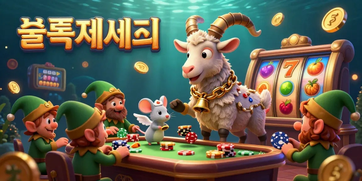 슬롯사이트에서 잭팟을 노리는 캐릭터들과 화려한 슬롯 머신 게임의 상호작용을 보여주는 일러스트