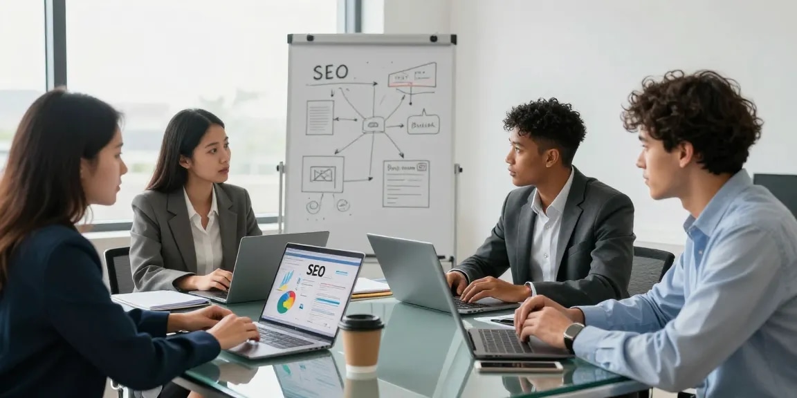 Team collaborating on SEO backlink services strategies in a bright office