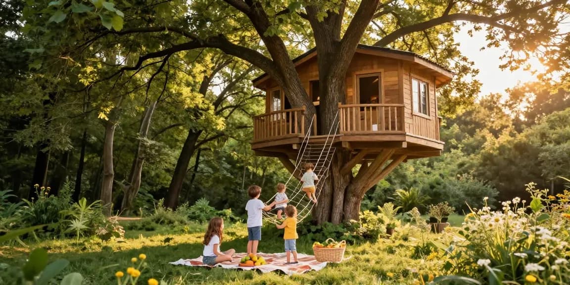 Tree house life illustrated with family playing and enjoying nature together.