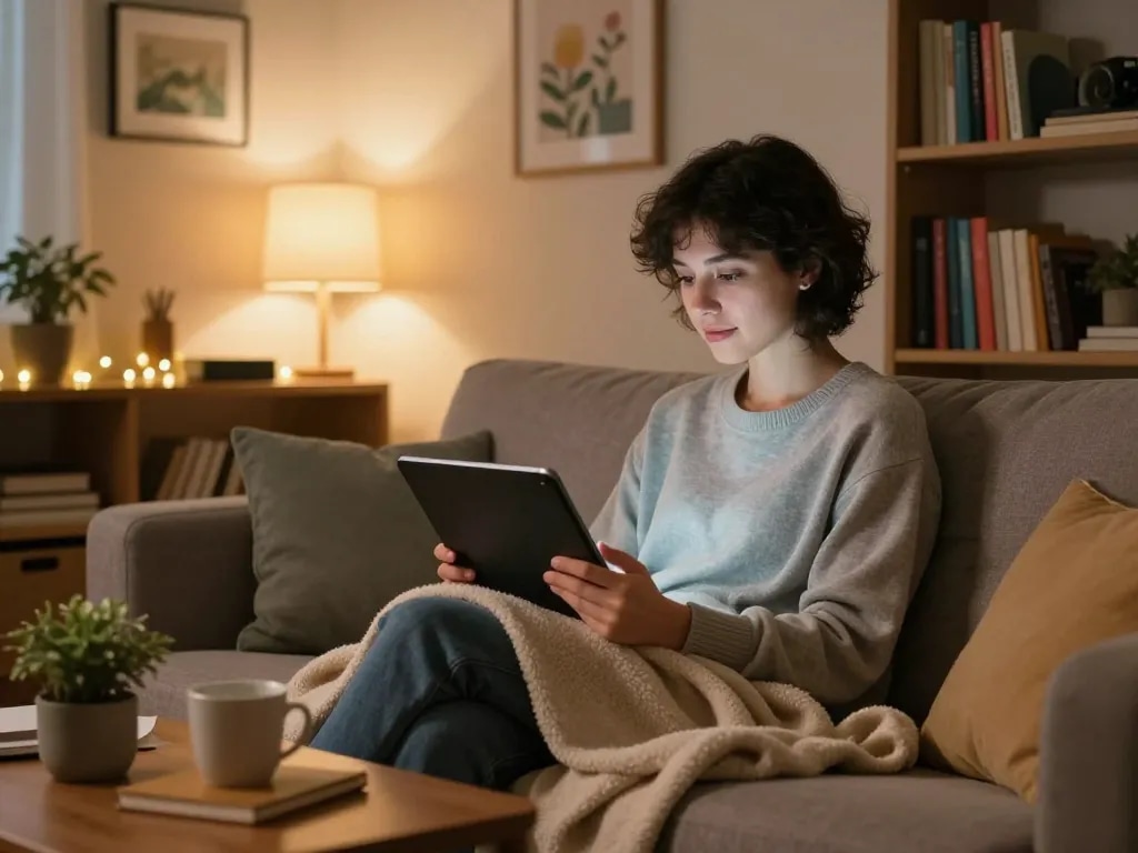 Engaging moment with an AI girlfriend chatbot on a sleek tablet in a cozy living room.