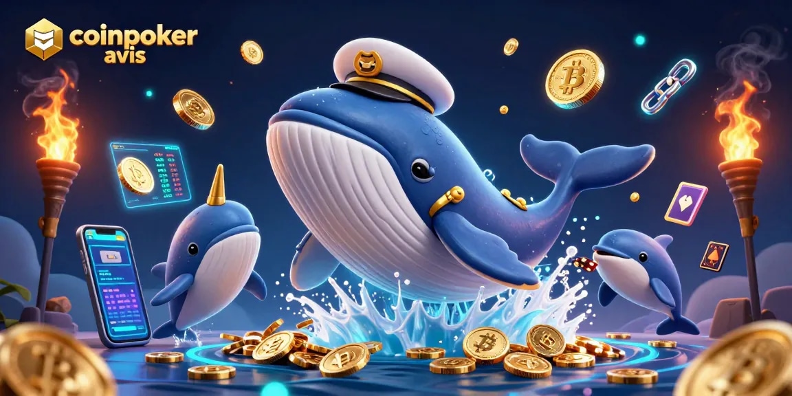 Jouez à CoinPoker avec cet avis renforcé par des éléments de casino et crypto, mettant en scène une baleine, un narval, et des dauphins.