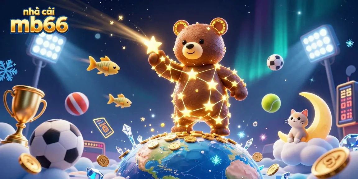 Engaging scene of nhà cái mb66 showcasing a constellation bear, starry elements, and sports action.