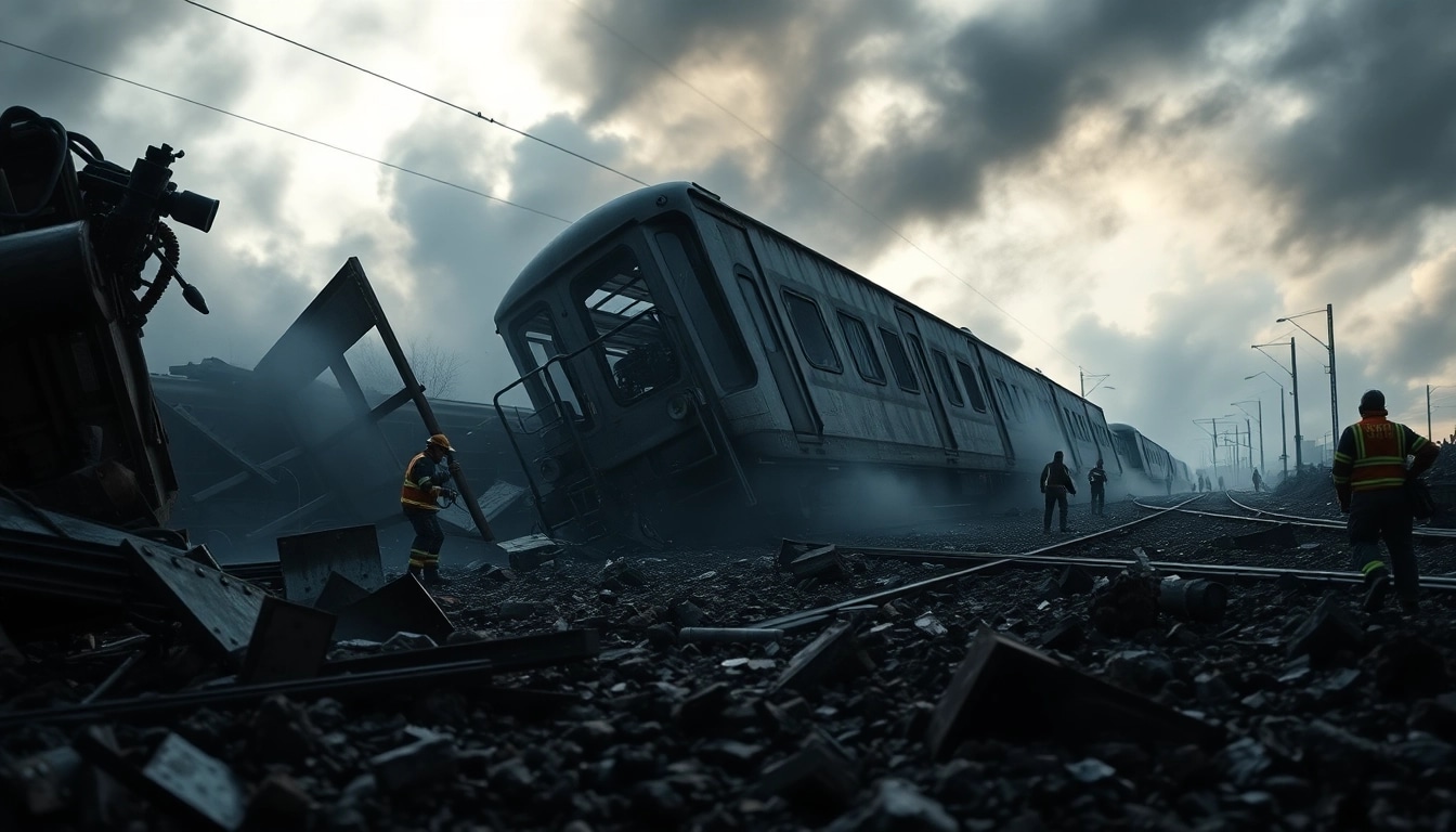 Scene depicting the spain train crash aftermath with responders handling debris and chaos.