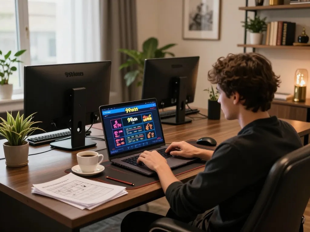 Person engaging with the 99win online casino platform in a stylish home office, illustrating responsible gaming.
