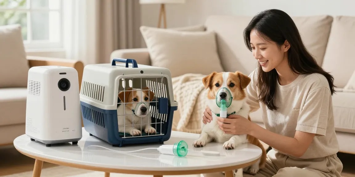 Rent a pet oxygen machine while providing a safe and comfortable environment for your dog, showcasing a caring pet owner.