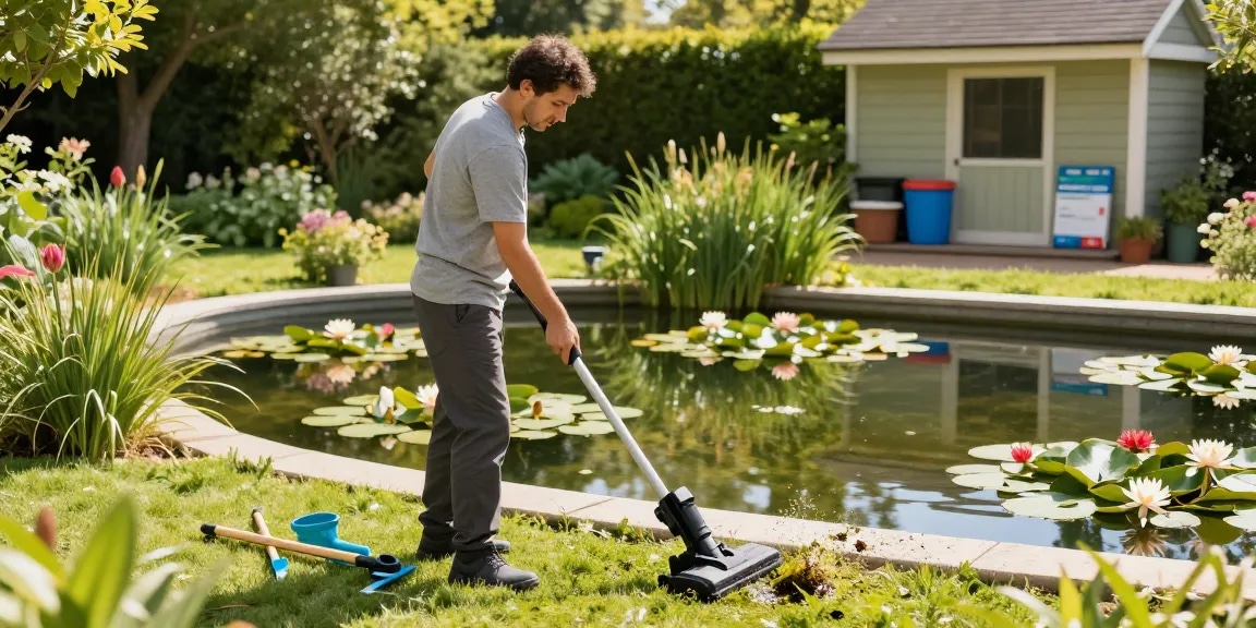 Pond Clean Kent services in action, showcasing a professional cleaning a beautiful garden pond surrounded by greenery.