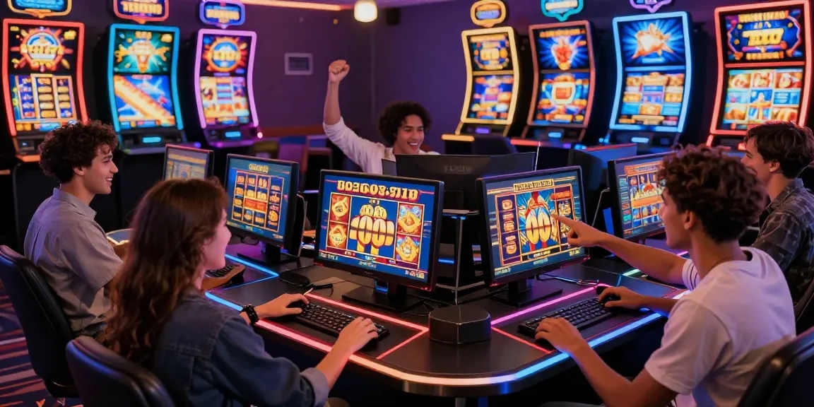 Exciting group playing slot deposit 5000 games together, celebrating wins in an engaging online casino environment.