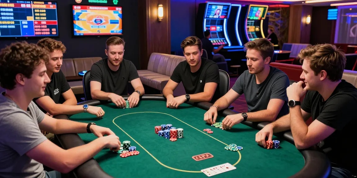 Exciting gaming at raja328 situs with friends around a poker table.